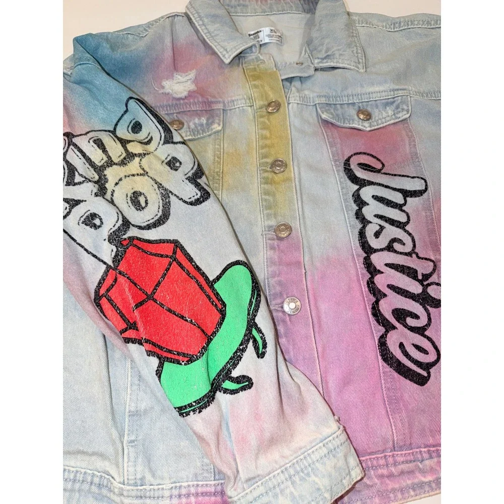Justice x Bazooka Ring Pop Girls Tie Dye Denim Jacket XL 16/18 Distressed Candy